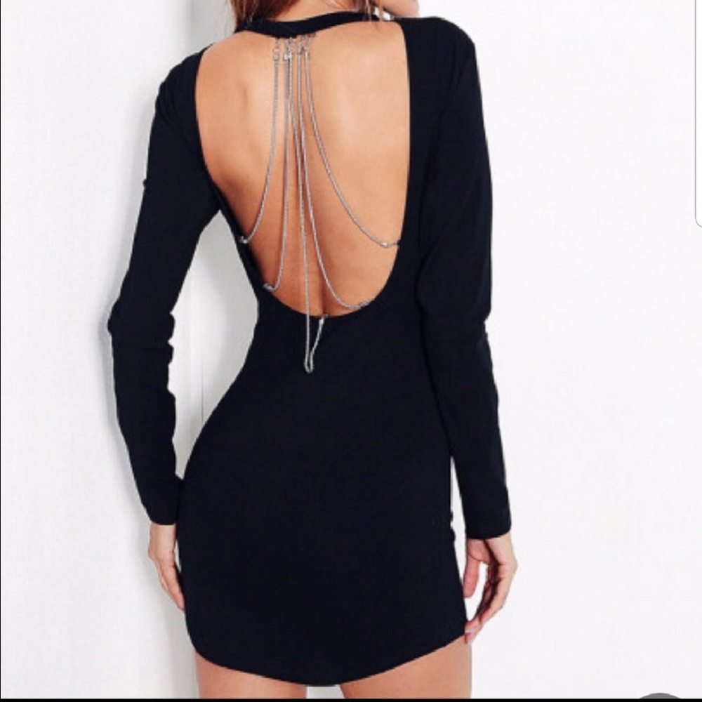 Chain Detail Open-Back Black Bodycon Dress